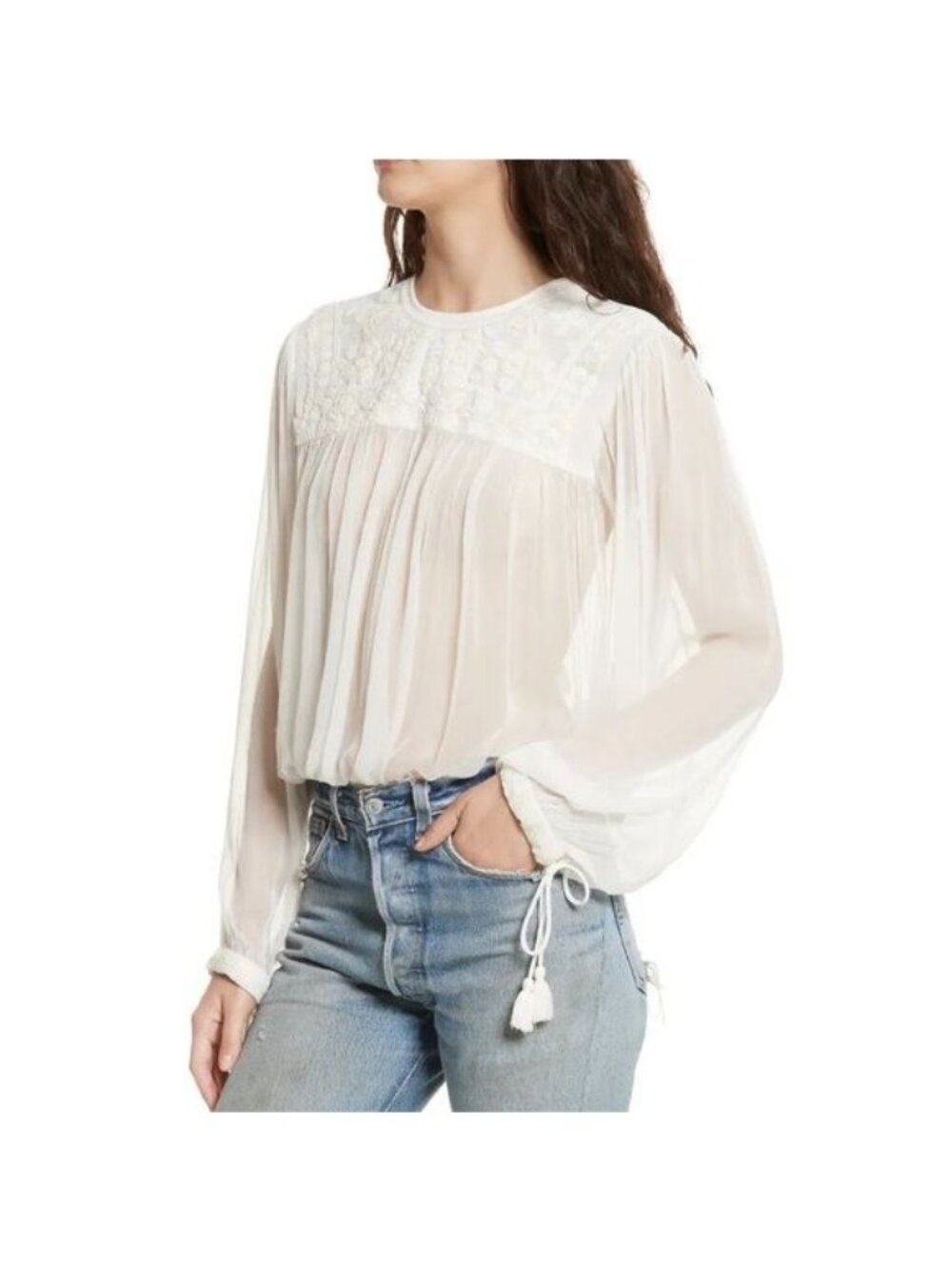 Free People Sheer Cream Embroidered Beaded Boho Top Size Small